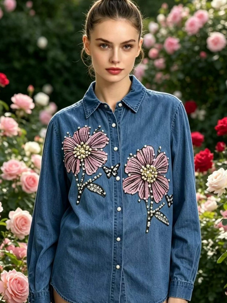 Embroidery Cotton Shirt - Kadın Denim Nakış Bluzlar İlkbahar Sonbahar