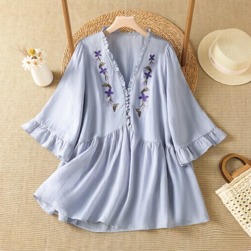 Zarif Mor Çiçek Desenli Nakışl - Embroidery Cotton Shirt incelemesi ve fiyatı