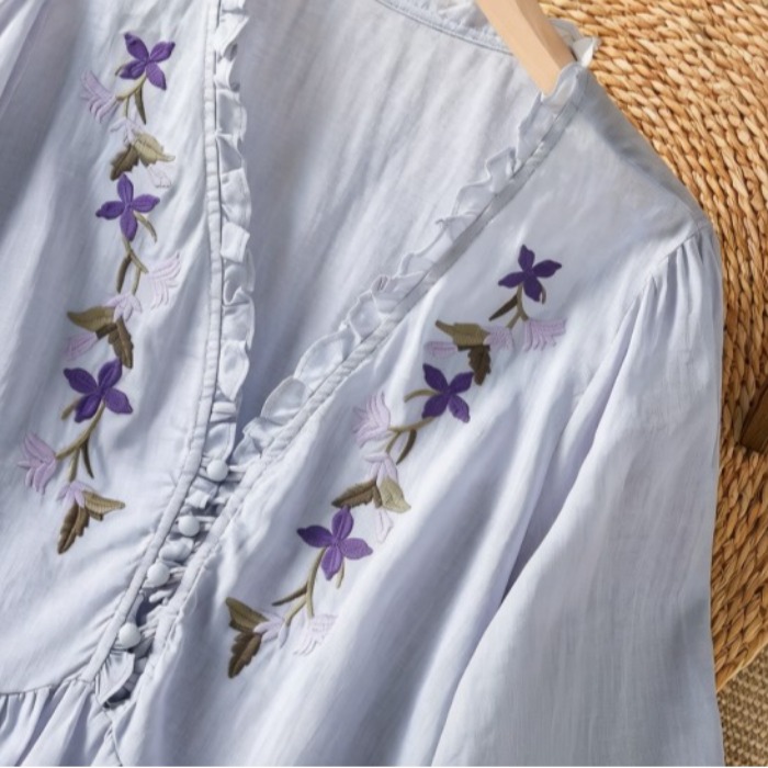 Zarif Mor Çiçek Desenli Nakışl - Embroidery Cotton Shirt incelemesi ve fiyatı
